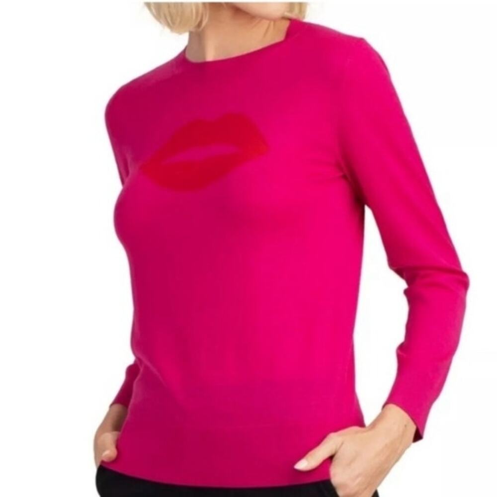 Trina Turk Lips Pink Merino Wool Crew Neck Sweater Long Sleeve Large Chic